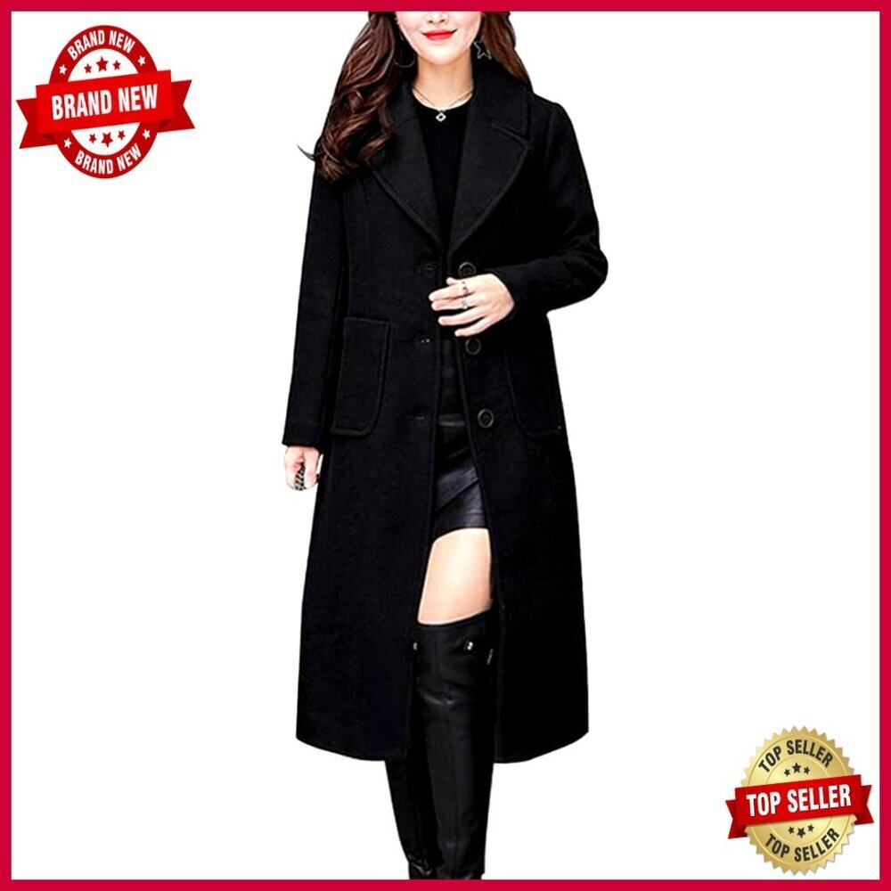 Wool Blend Trench Coat Single Breasted Notched Lapel Mid Length Overcoat